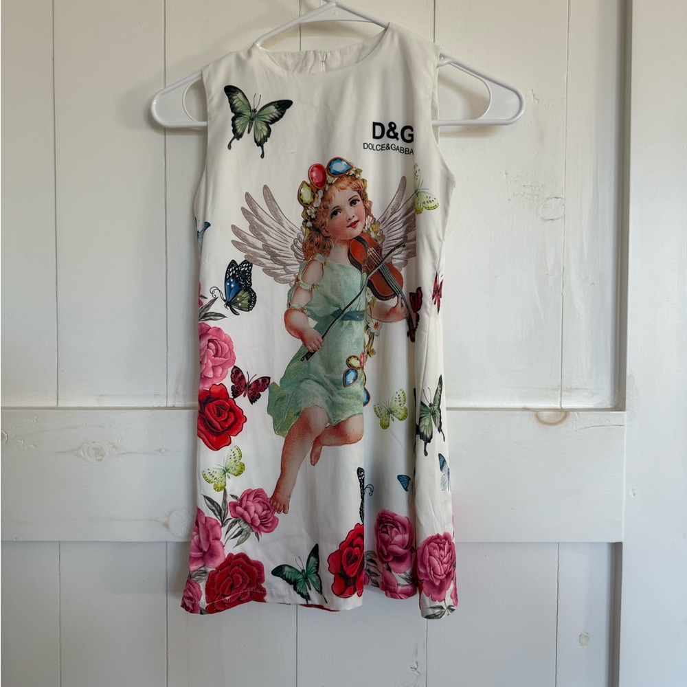 Dolce & Gabbana White Dress with Green, Pink & Red Floral Angel Print